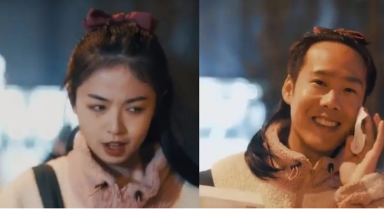 引發爭議的涉事廣告宣傳片截圖。片中美女（左）用卸妝水一抹后秒變男人（右）